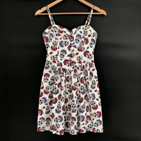 Hell Bunny Dresses & Skirts - Hell Bunny Womens Sugar Skull & Roses Print Summer Dress S White Cute Goth